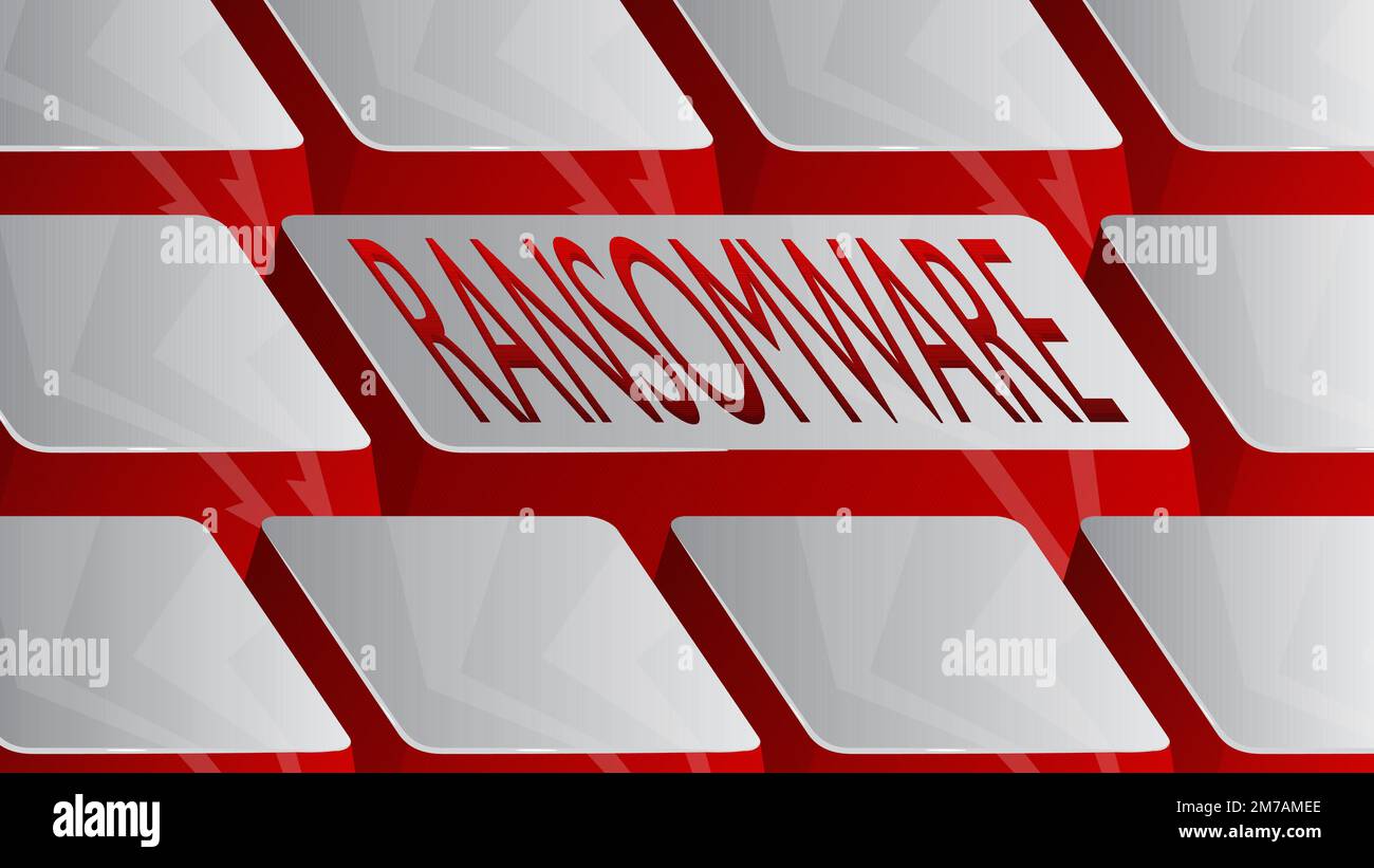 Tastiera per computer con testo ransomware. Primo piano di una parte di un computer elettronico, tastiera. Illustrazione Vettoriale