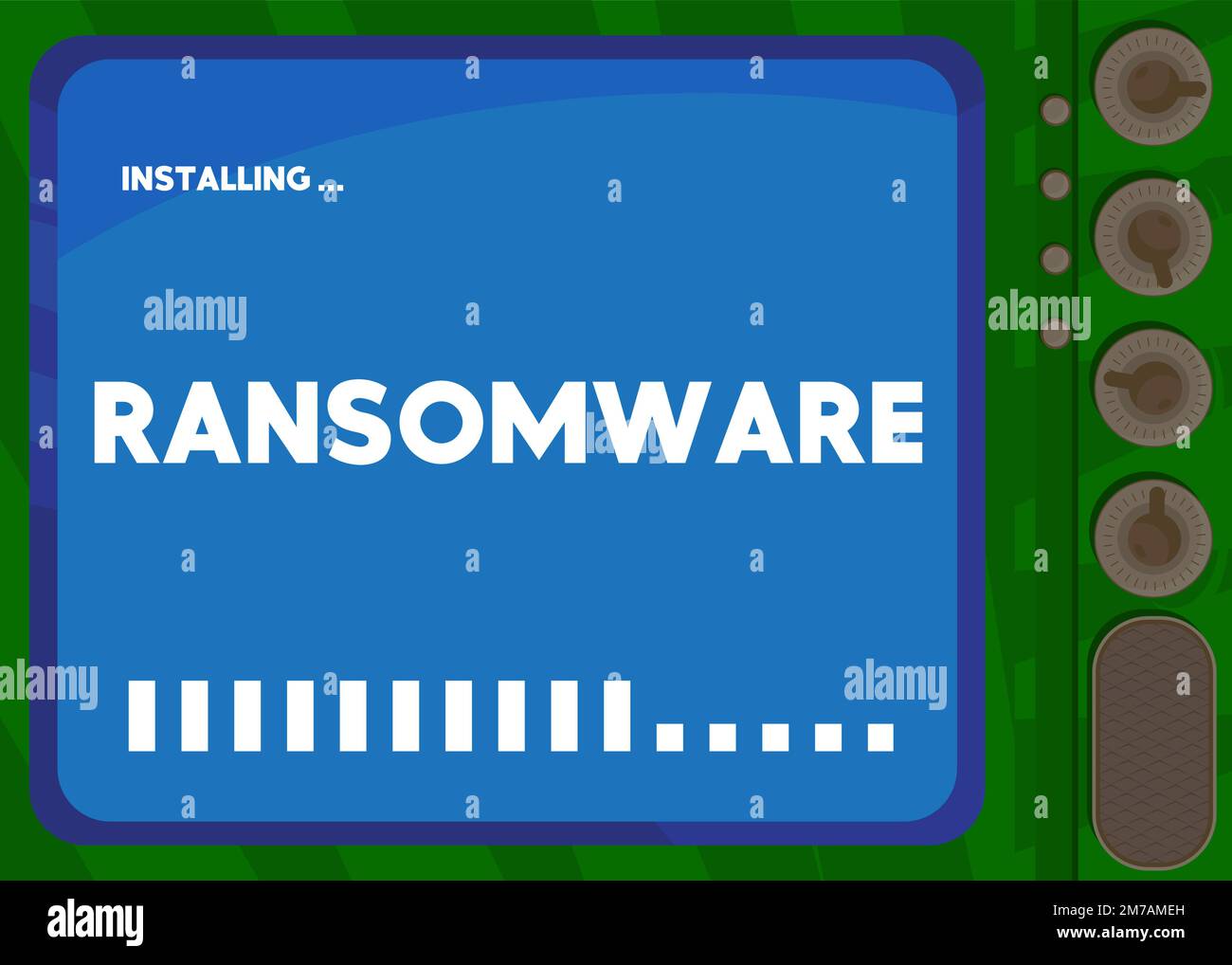 Computer cartoon con la parola ransomware. Messaggio di una schermata che visualizza una finestra di installazione. Illustrazione Vettoriale