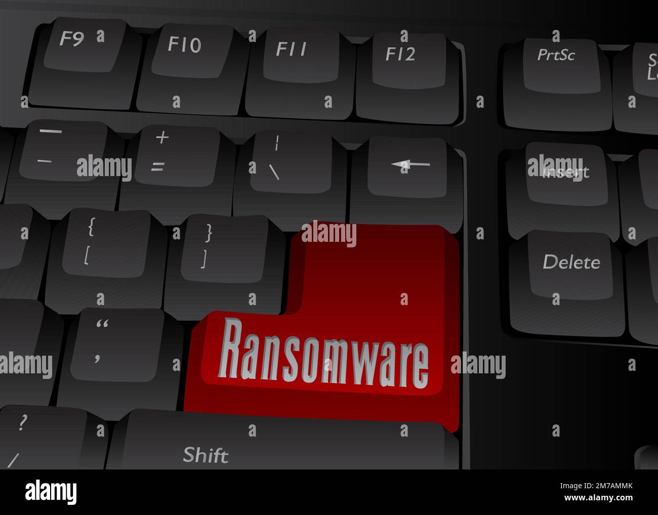 Tastiera per computer con testo ransomware. Primo piano di una parte di un computer elettronico, tastiera. Illustrazione Vettoriale