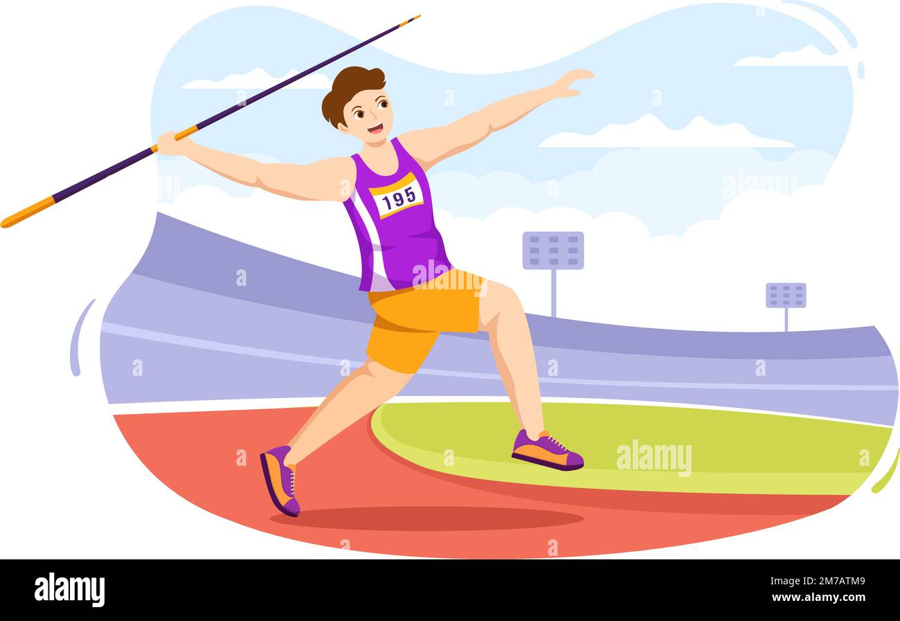 Javelin lancio atleta Illustrazione utilizzando un lungo strumento a forma di lancia per lanciare attività sportive piano Cartoon modello disegnato a mano Illustrazione Vettoriale