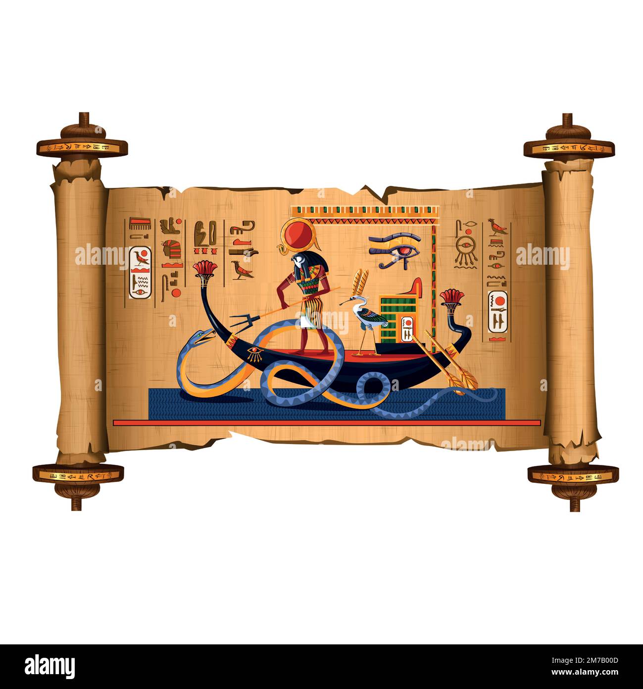Antico Egitto papiro rotolo vettore cartoon con geroglifici e simboli religiosi cultura egiziana, Ra, Dio sole di notte naviga in barca sul fiume sotterraneo e combatte con il caos dio serpente Apophis Illustrazione Vettoriale