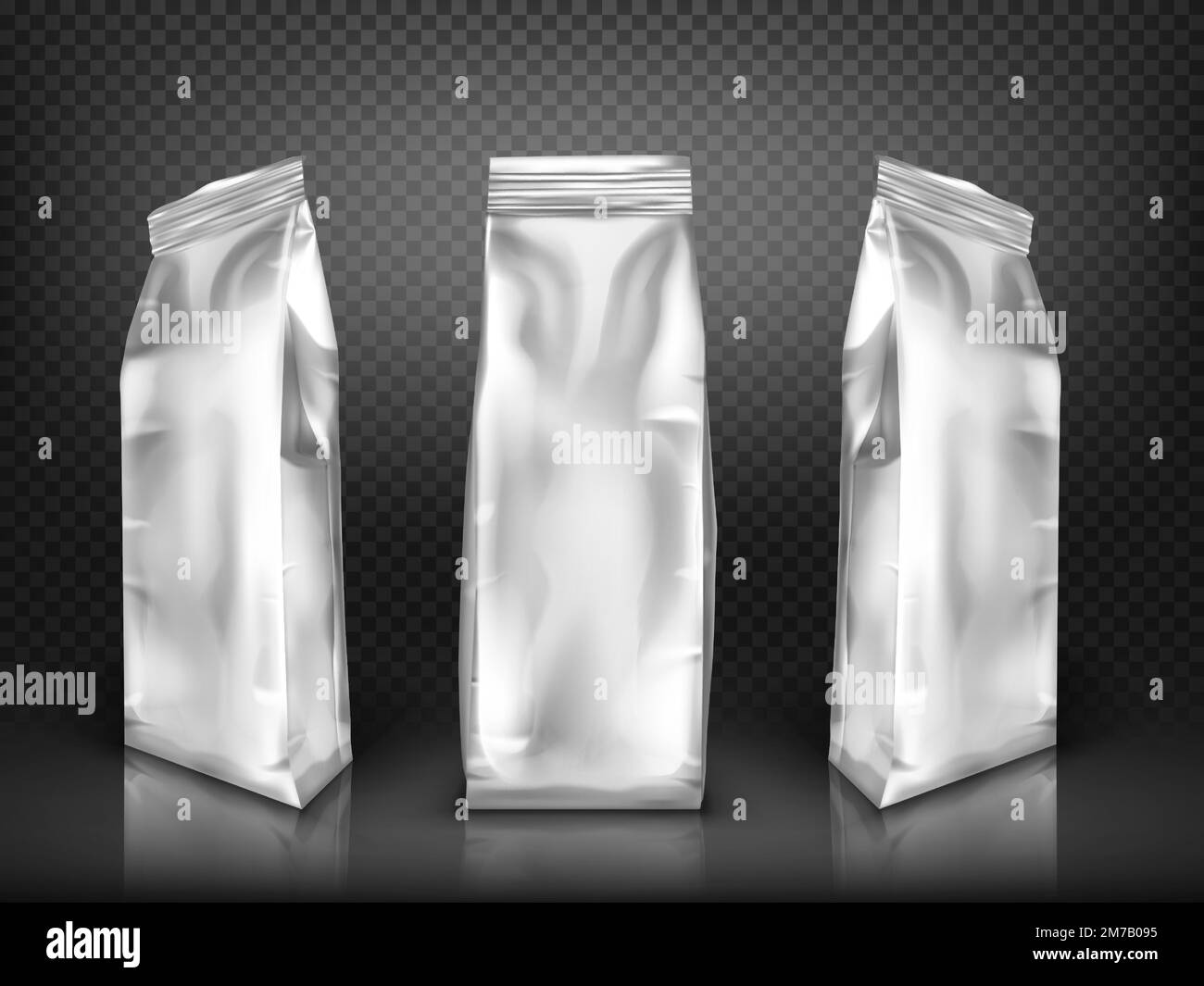 Vettore realistico per confezione in plastica bianca vuota o in lamina. Borsa o astuccio per snack, dolci e caffè, vista frontale e laterale, illustrazioni isolate su sfondo trasparente, mock up per il design della confezione Illustrazione Vettoriale