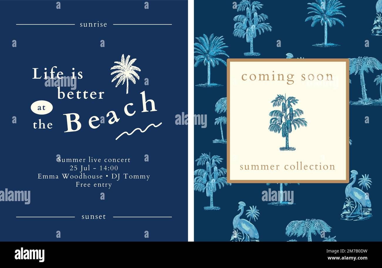 Blu estate volantino modello vettore tropicale sfondo Illustrazione Vettoriale