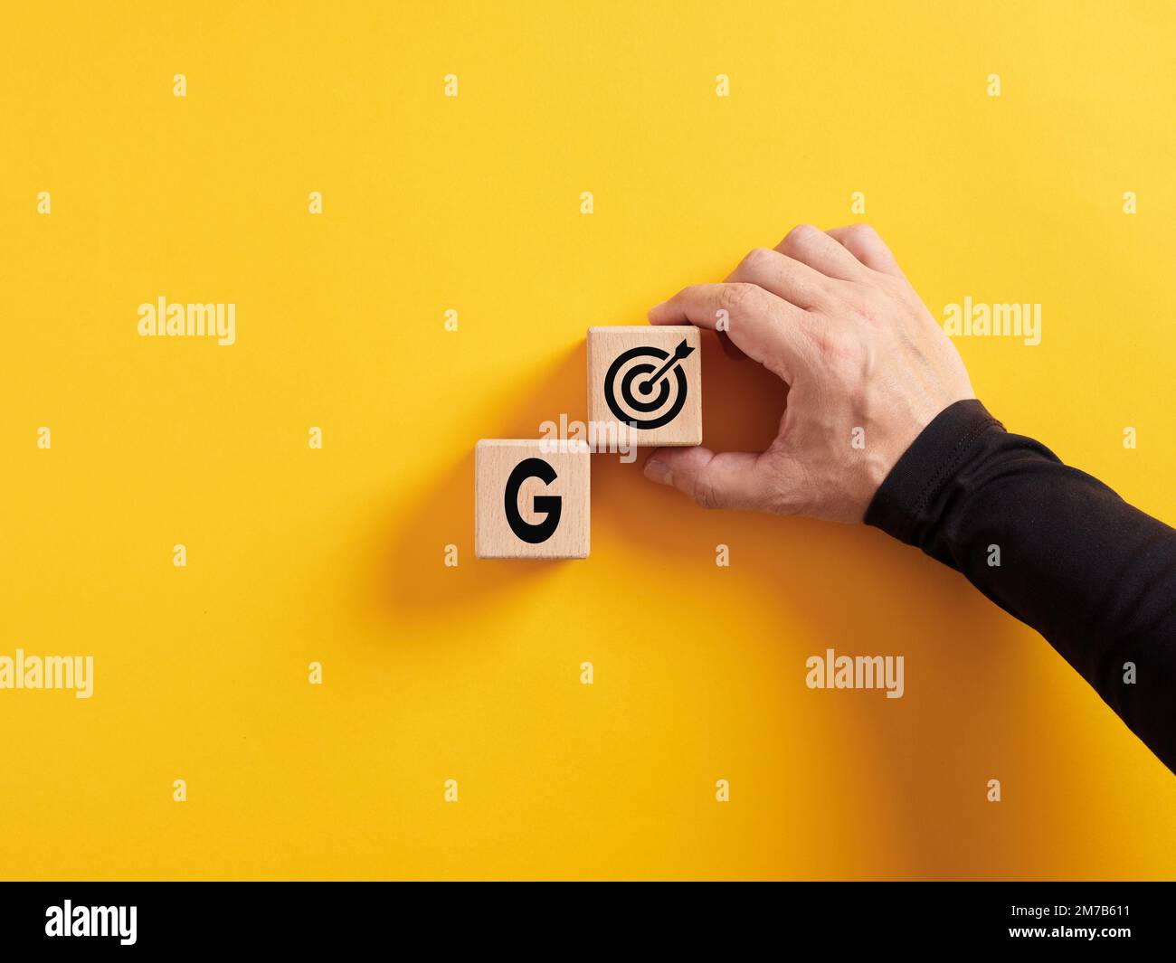 Intraprendere azioni per raggiungere gli obiettivi di sviluppo aziendale. Raggiungimento o definizione degli obiettivi. La mano dispone blocchi di legno con la parola go e un obiettivo icona Foto Stock
