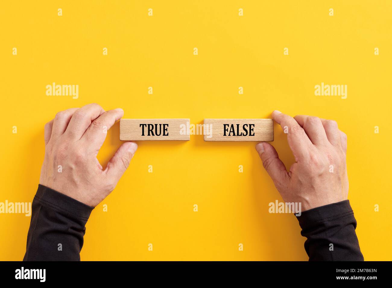 Dilemma o scelta tra le informazioni vere e false. Mani che tengono i blocchi di legno con le parole vero e falso. Foto Stock