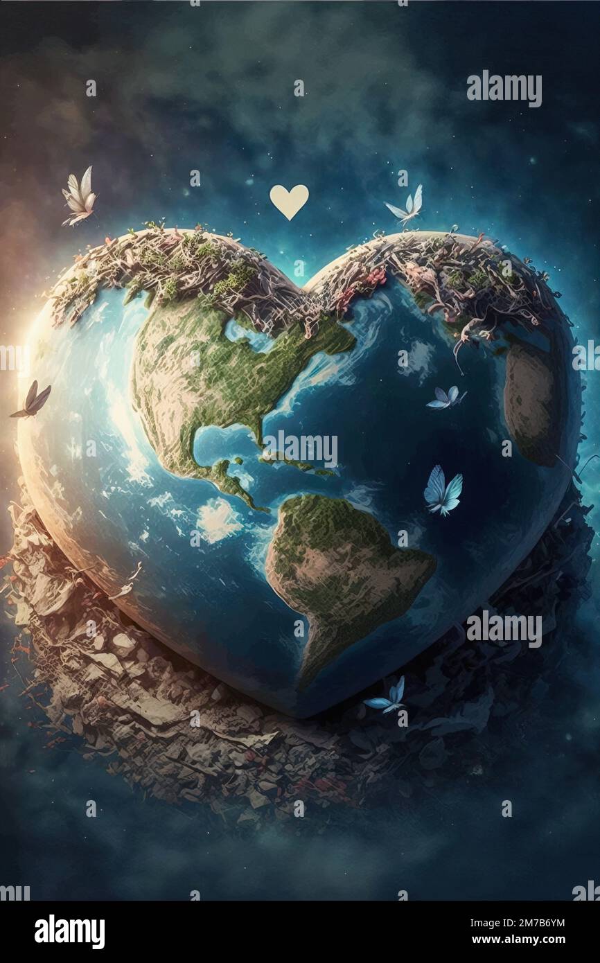 Terra a forma di cuore nello spazio e nella luce del sole, Love and Save the World per il concetto di Next Generation, Love Earth Day Concept Foto Stock