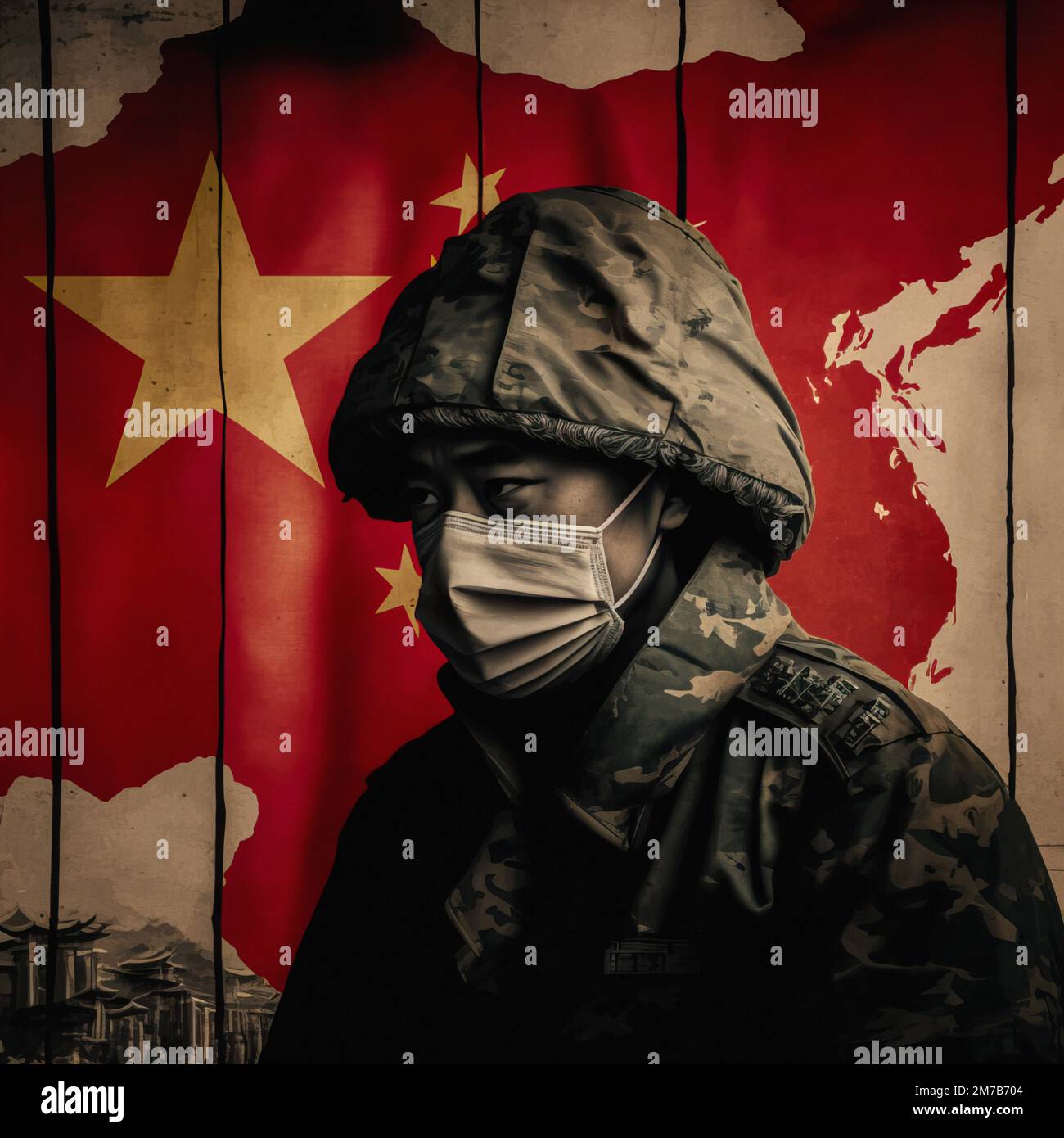 Uomo cinese in uniforme militare e maschera con bandiera della Cina sullo sfondo. Niente di covid in Cina. Covid 2023 in Cina Foto Stock