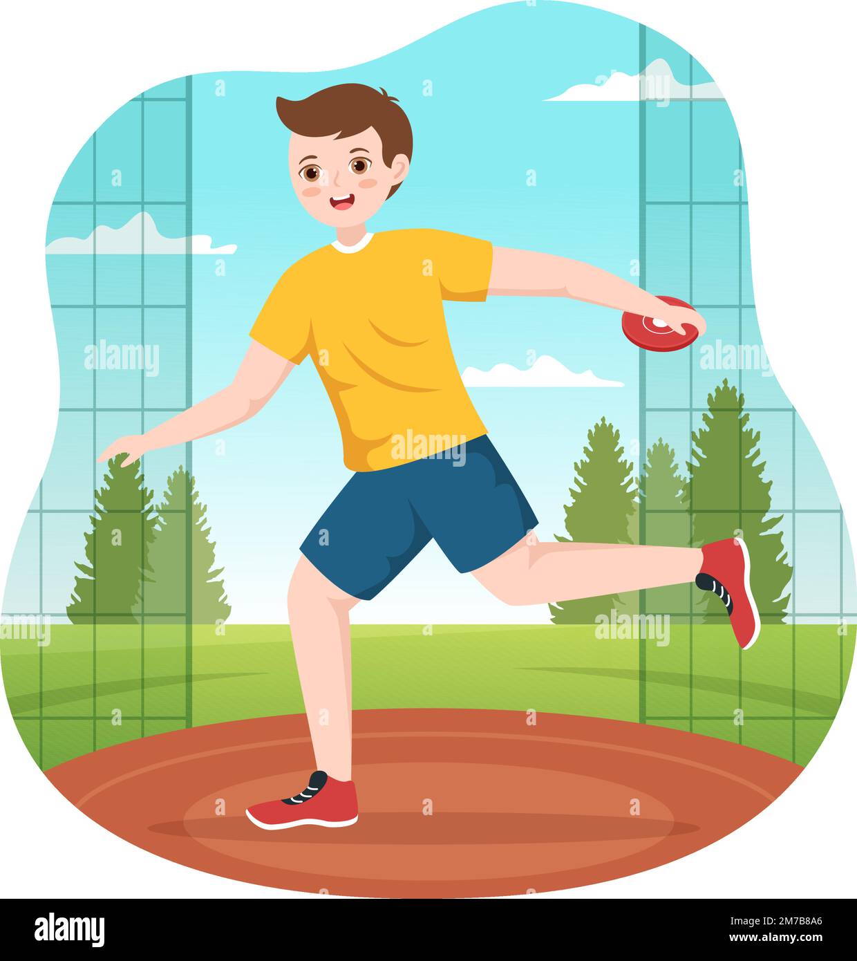Discus tiro atletica da gioco Illustrazione con lancio di una piastra di legno nel Campionato sportivo Flat Cartoon modelli disegnati a mano Illustrazione Vettoriale