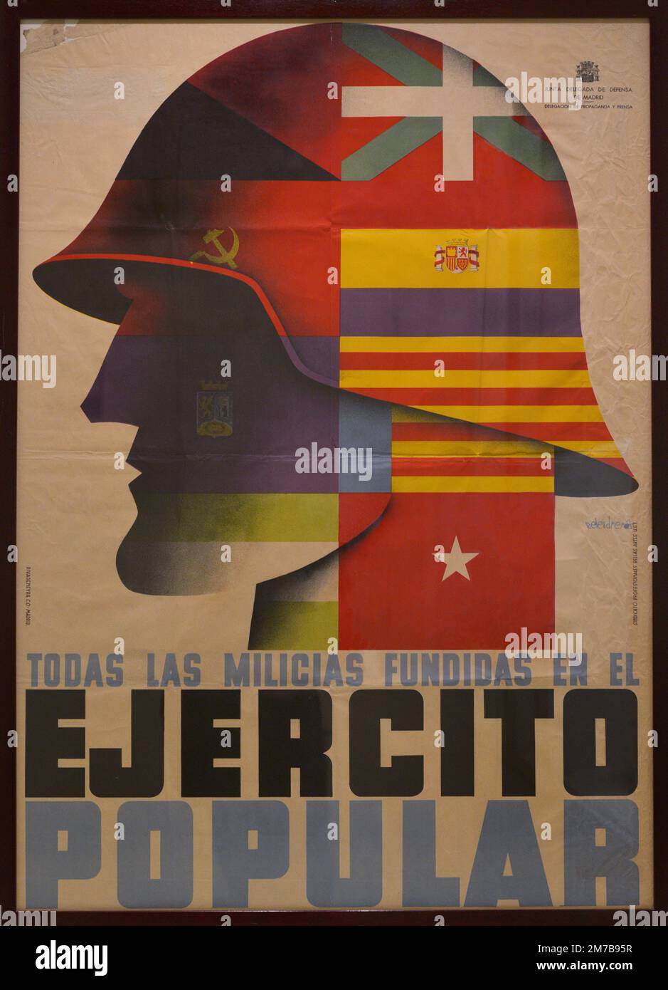 Guerra civile spagnola (1936-1939). Poster realizzato nel 1937 da Emeterio Melendreras (1905-1996). 'Todas las milias fundidas en el Ejército Popular' (tutte le milizie si sono fuse nell'Esercito popolare). Commissione Delegata per la Difesa di Madrid. Carta e inchiostro. Autore: Emeterio Melendreras (1905-1996). Artista español. Foto Stock
