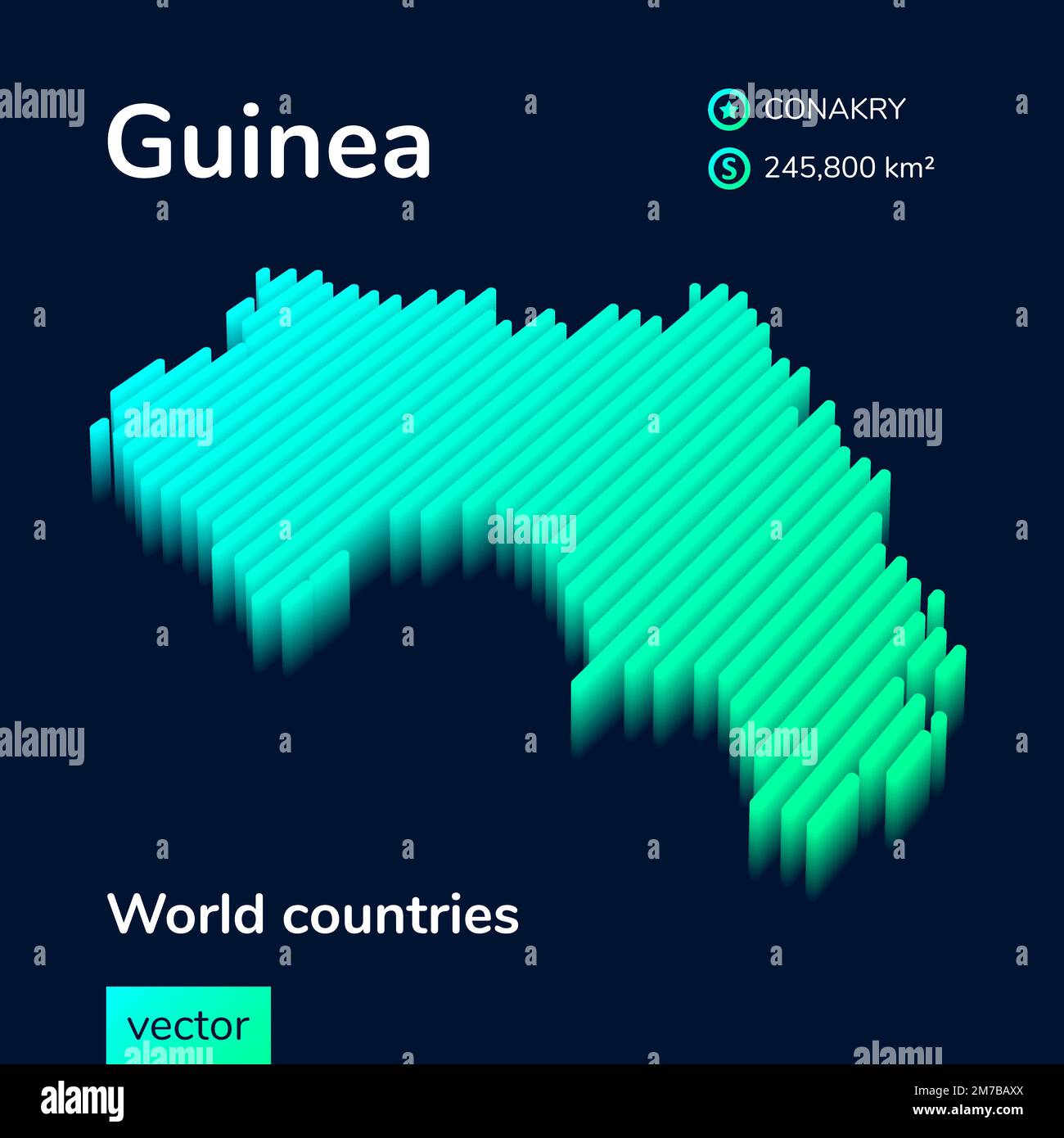 3D mappa della Guinea. La carta isometrica vettoriale stilizzata a strisce della Guinea è in verde neon e colori menta sullo sfondo blu scuro Illustrazione Vettoriale