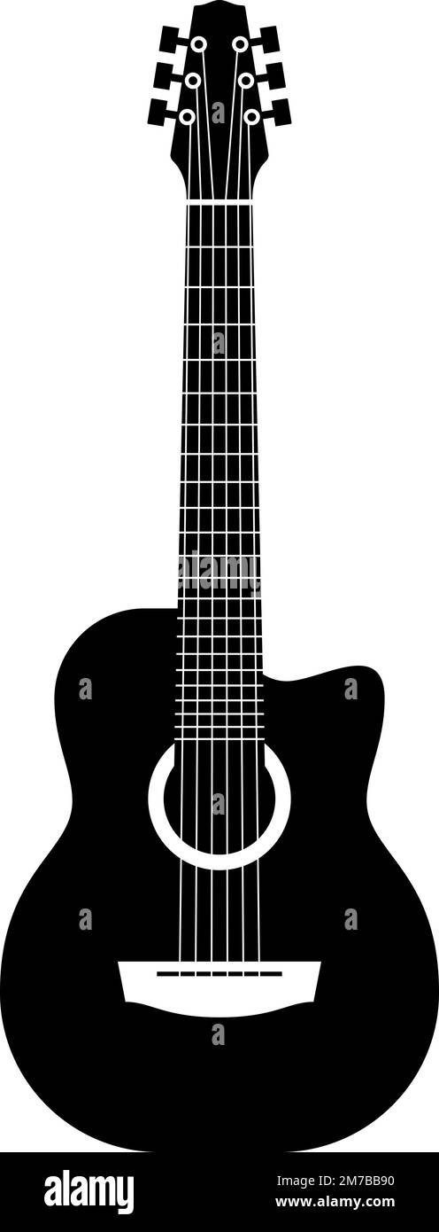 Silhouette acustica per chitarra. Logo di strumenti musicali classici a corda nera, emblema rock elettrico, icona moderna o vintage, strumento di intrattenimento Illustrazione Vettoriale