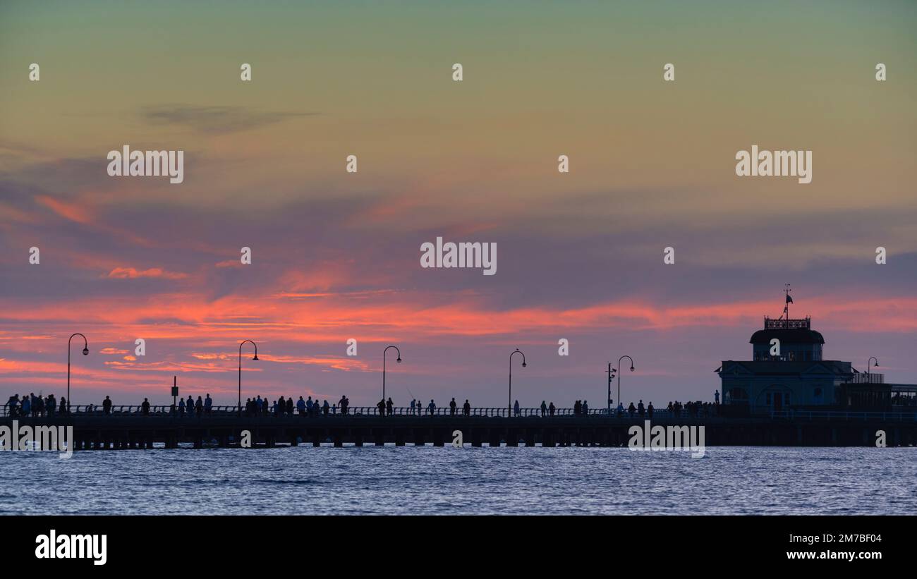 Molo di St Kilda al tramonto. Foto Stock