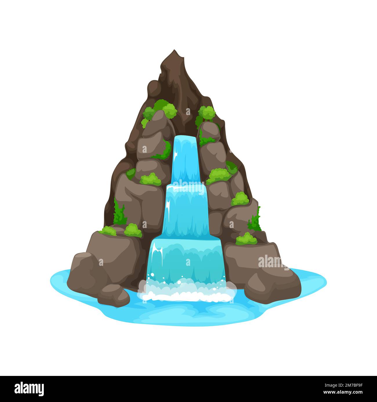 Cascata di cartone animato e cascata d'acqua. Collina vettoriale isolata con elemento di disegno di flusso di caduta di ambiente naturale o decorazione del parco. Spruzzi di acqua corrente che cade dalla roccia con vegetazione verde Illustrazione Vettoriale