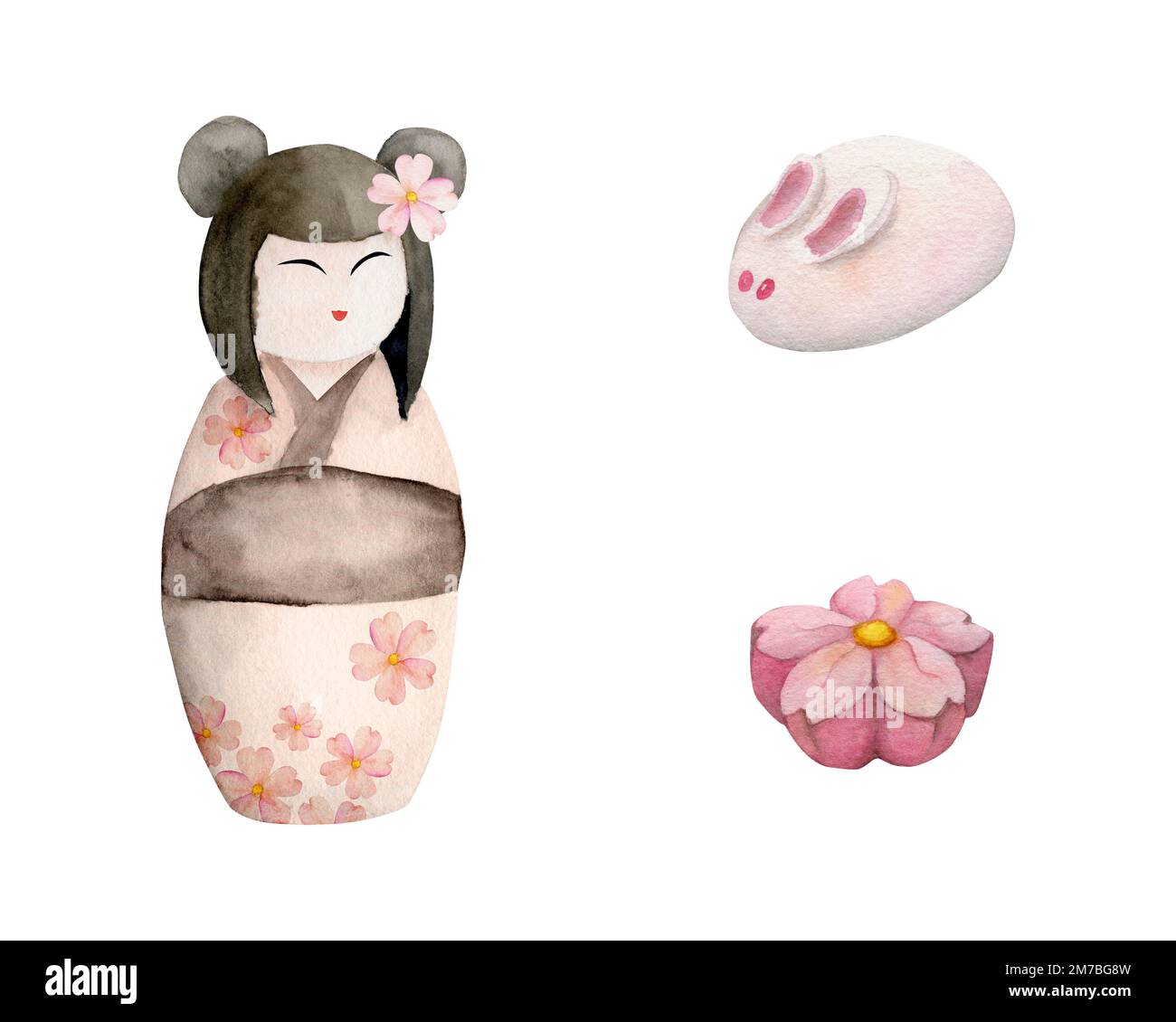 Acquerello, dolci giapponesi tradizionali disegnati a mano. Wagashi primaverile con bambola kokeshi e sakura. Isolato su sfondo bianco. Progettare per gli inviti Foto Stock