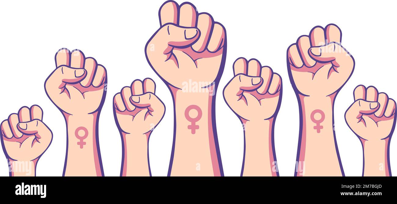 Dimostrazione femminile femminista, rivoluzione, protesta sollevata braccio pugno lotta per il vostro banner diritti. Illustrazione vettoriale della silhouette del braccio. Illustrazione Vettoriale