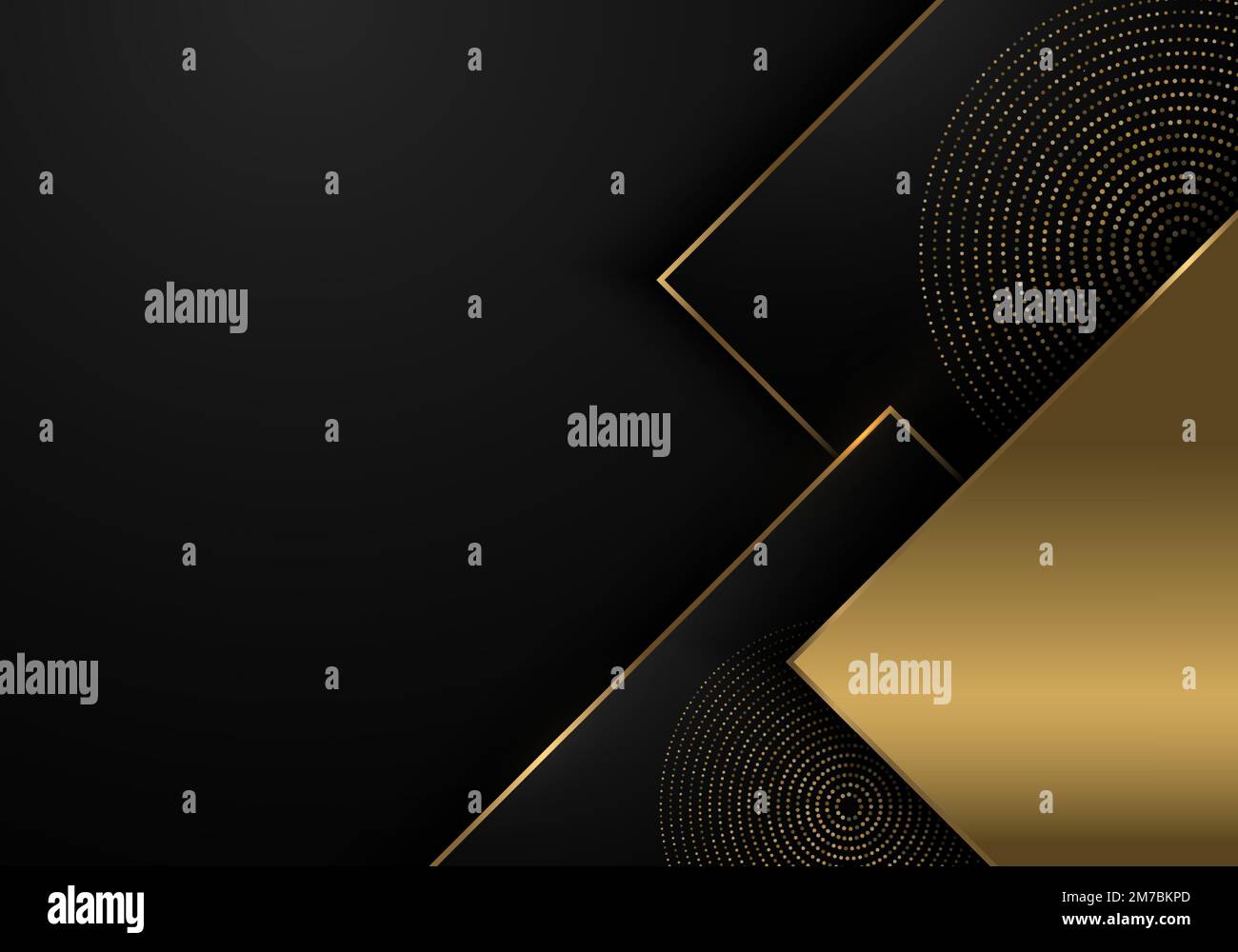 Design astratto con template dorati di un'opera d'arte di lusso decorativa con uno stile nero sfumato. Sovrapposizione con livelli e sfondo dello spazio di copia. Illustrazione Vettoriale