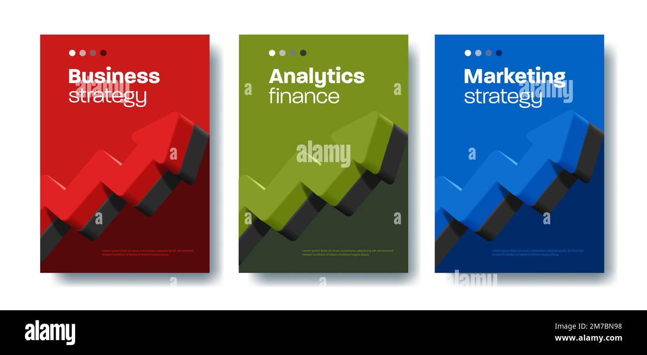 Set di banner Web per strategia aziendale, analisi e marketing con freccia di rendering 3D in diversi colori Illustrazione Vettoriale