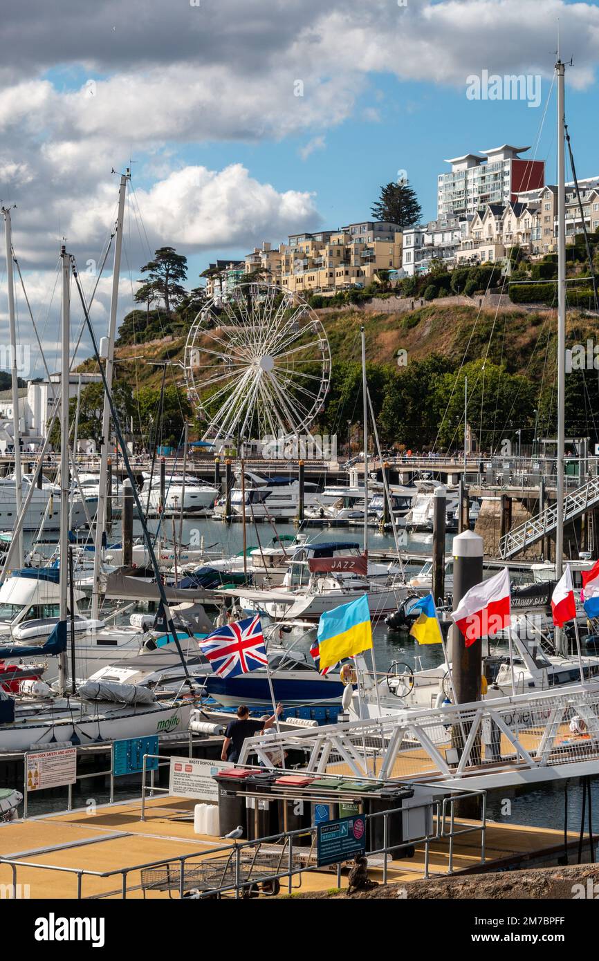 Vista sul porto di Torquay con bandiere di molti paesi. Sullo sfondo c'è la ruota della Riviera Inglese. Foto Stock