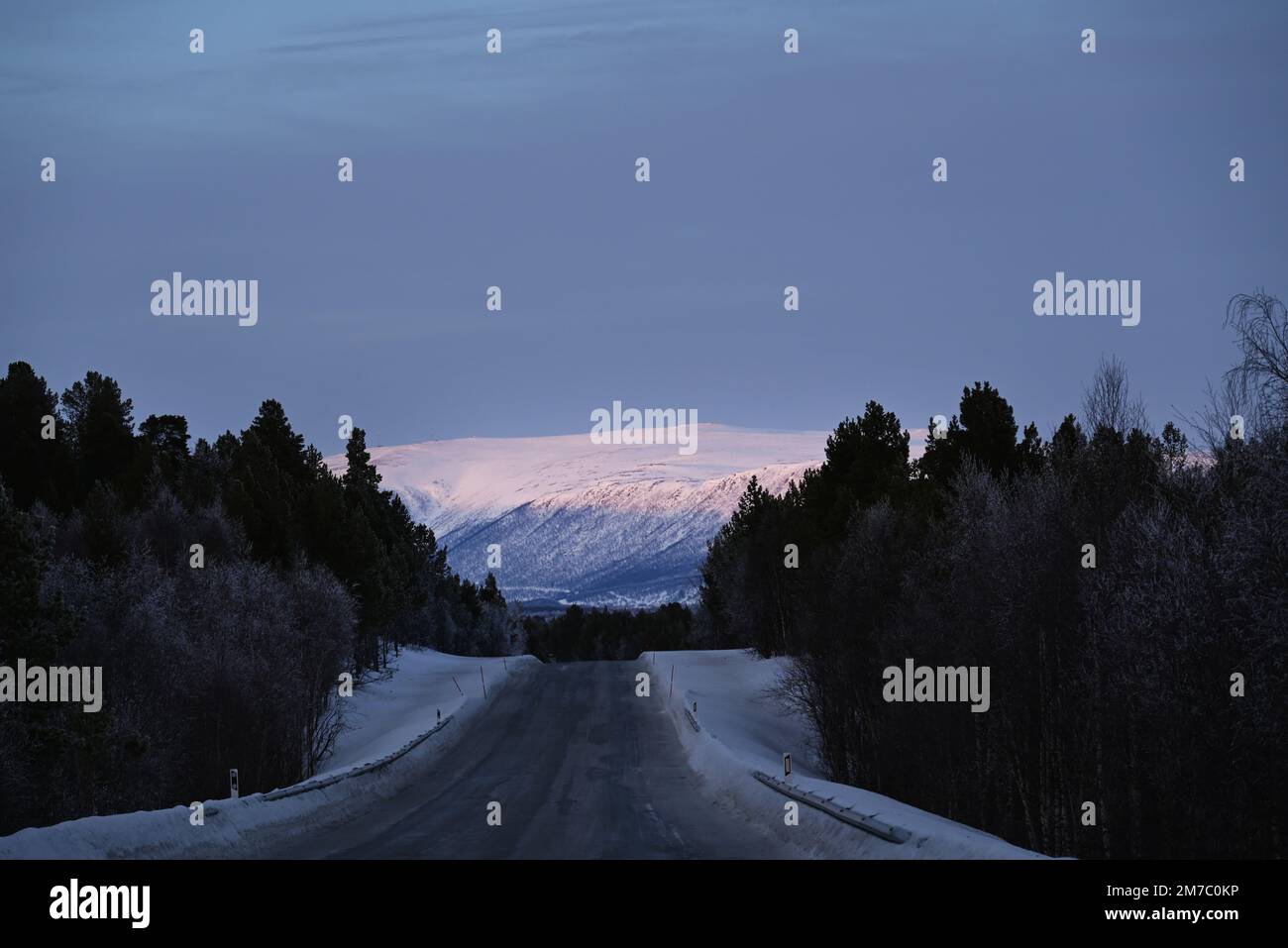 La strada non lontano da Karasjok a Finnmark, parte settentrionale della Norvegia. Foto Stock