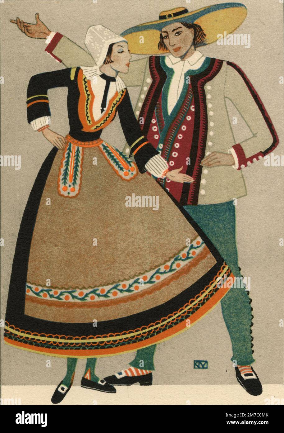 Costume contadino in Francia, illustrazione 1930s Foto Stock