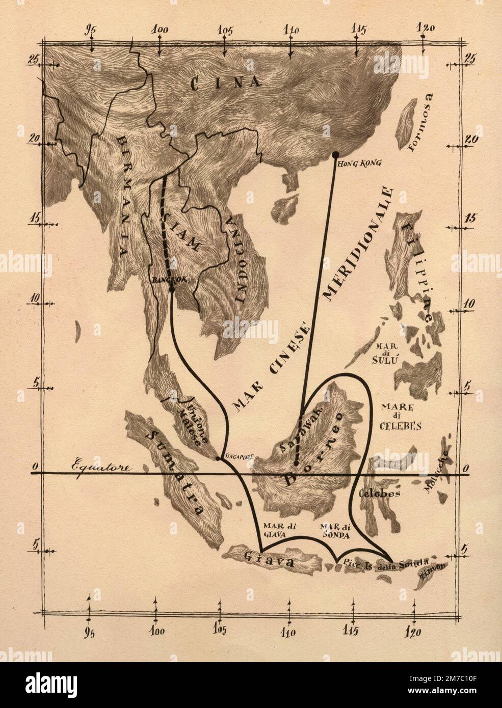 Mappa del Sud Est asiatico con il viaggio della truppa filmata del film documentario Lost Continent, Italia 1955 Foto Stock