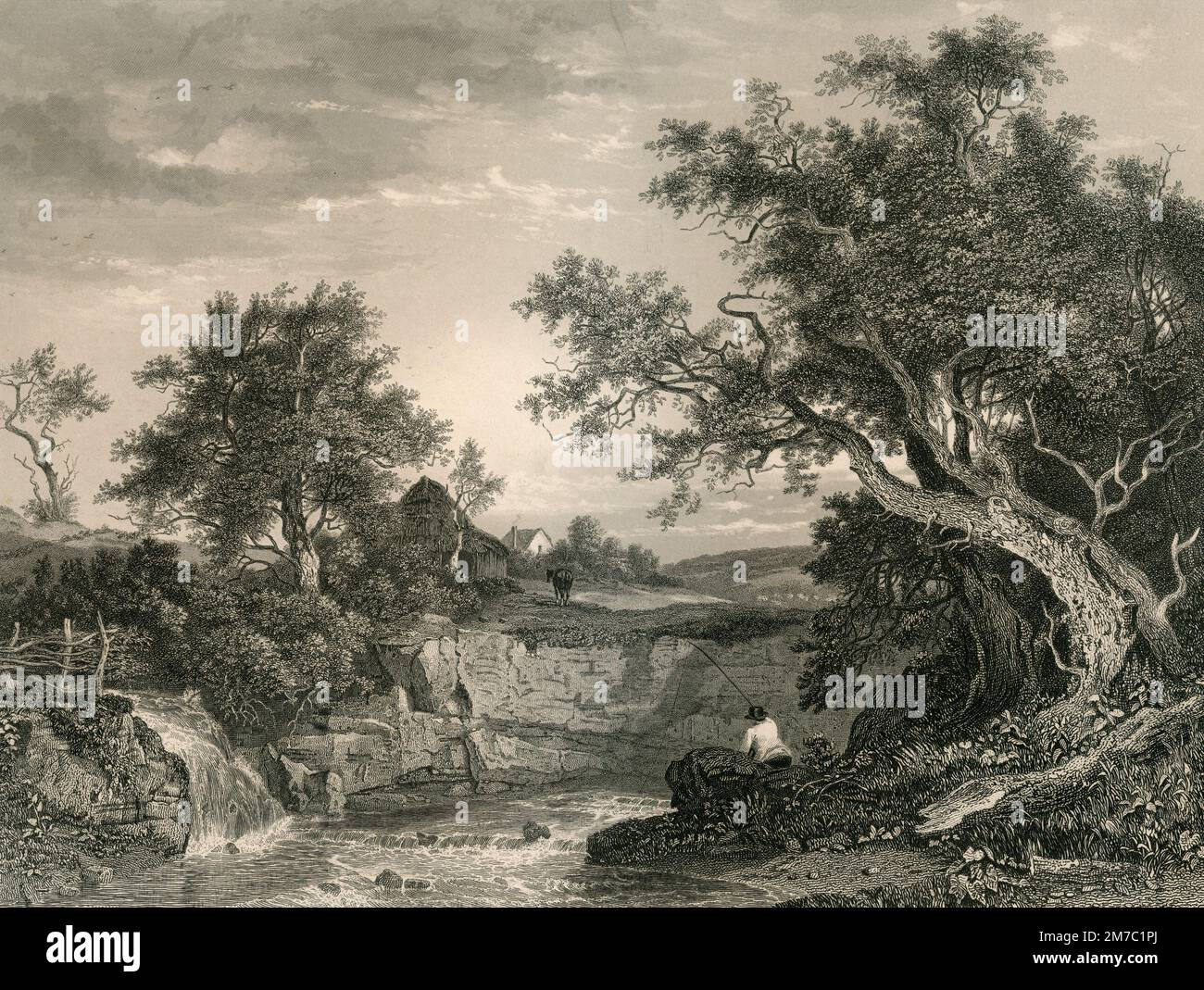 The Angler's Nook, stampa incisa da J. carter dal dipinto di P. Nasmyth, UK 1850 Foto Stock