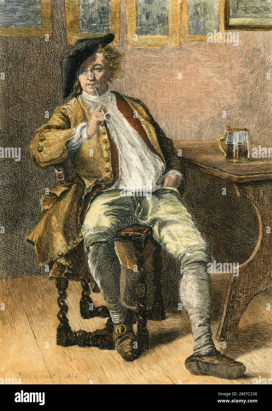 The Smoker, stampa incisa da un dipinto di J.L. Meissonier, Regno Unito, 1877 Foto Stock