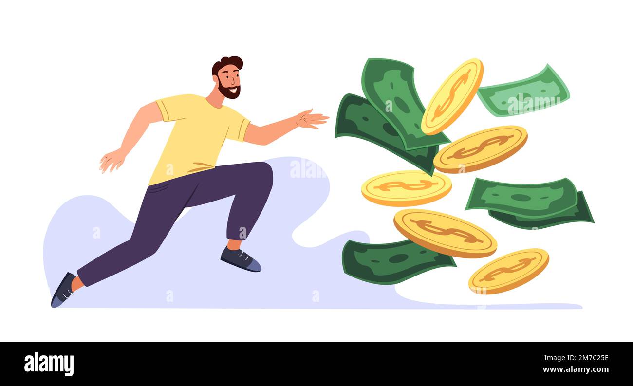 L'uomo avido che insegue per il grande denaro.Cash gara concept.Mercantile concorrente che si impegna per la ricchezza e ricchezza.personaggio correre per colpire jackpot.colorato piatto vettore illustrazione isolata su sfondo bianco Illustrazione Vettoriale
