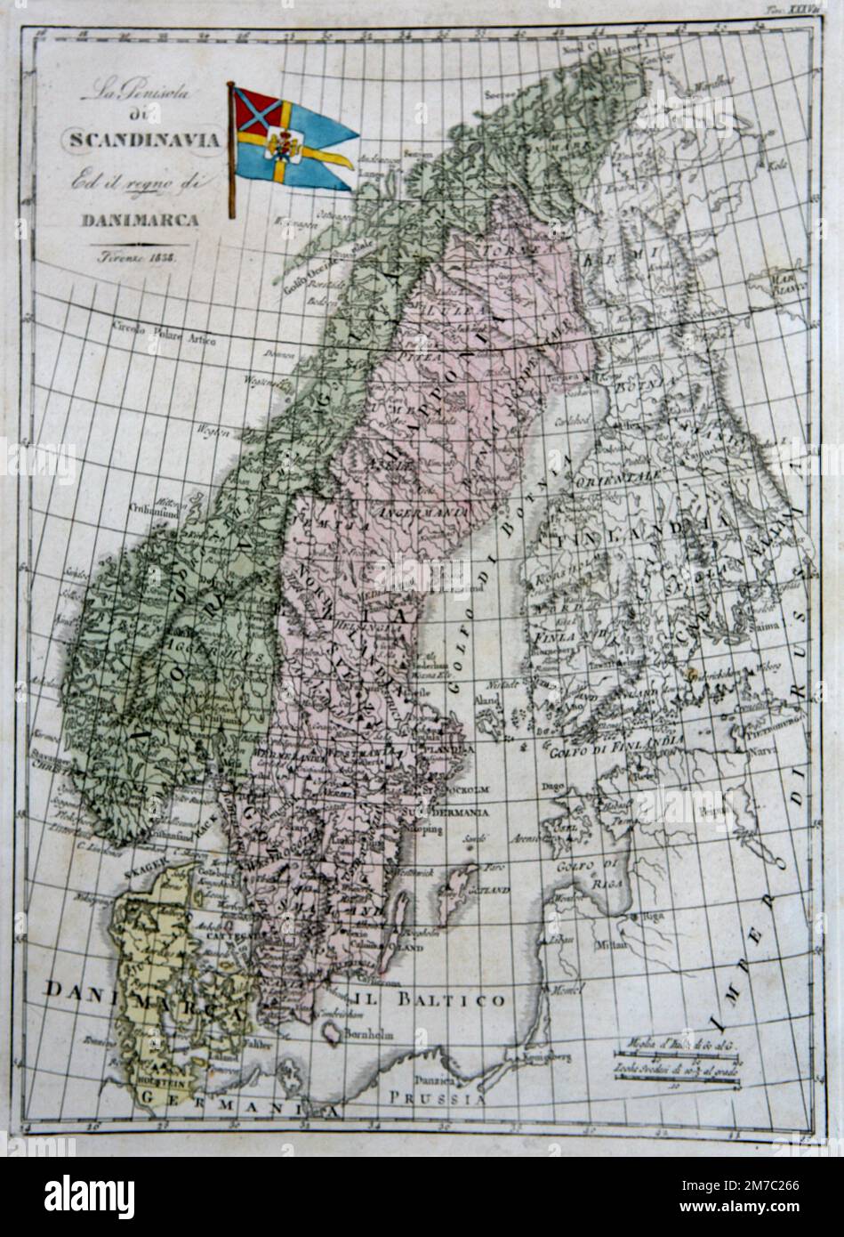 Mappa della Penisola della Scandinavia e del Regno di Danimarca, da Marmocchi Atlas, Firenze, Italia 1838 Foto Stock