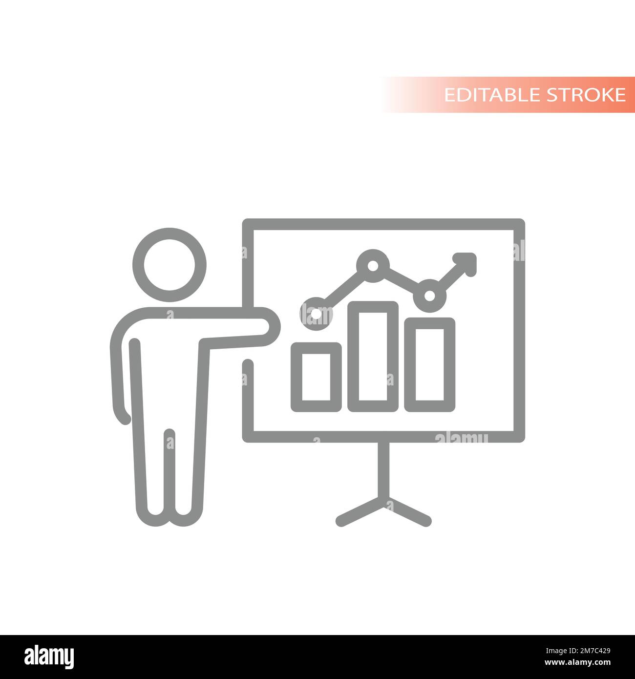 Icona vettore linea del bordo di rapporto di affari finanziari. Altoparlante e presentazione per uomo d'affari, simbolo di analisi dei dati delineato. Illustrazione Vettoriale