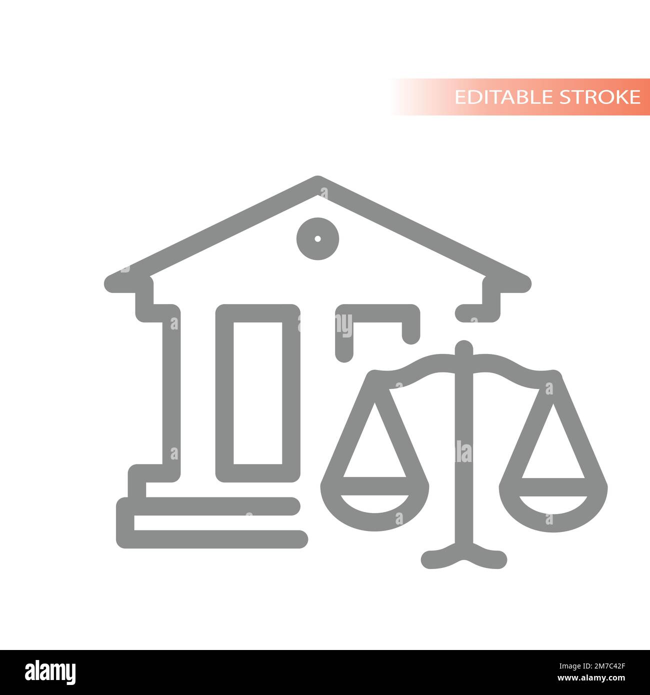 Court House e giustizia scale linea vettore icona. Legge, avvocato delineato simbolo. Illustrazione Vettoriale