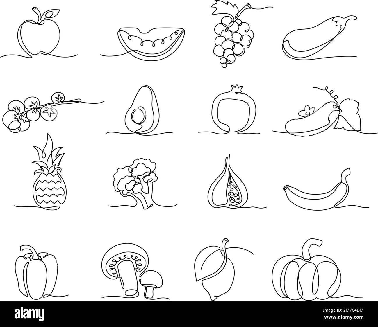Una linea di verdure e frutta. Generi alimentari disegnati a mano, cibo vegano sano e naturale linea continua vettore Illustrazione Set Illustrazione Vettoriale