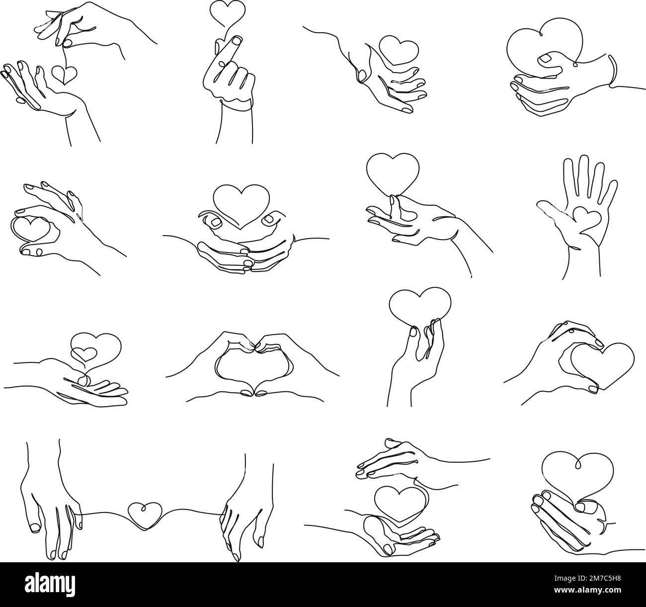 Una linea mani che tiene il cuore. Gesti delle mani con forma d'amore, coppia di coppia e set di illustrazioni vettoriali per la cura Illustrazione Vettoriale