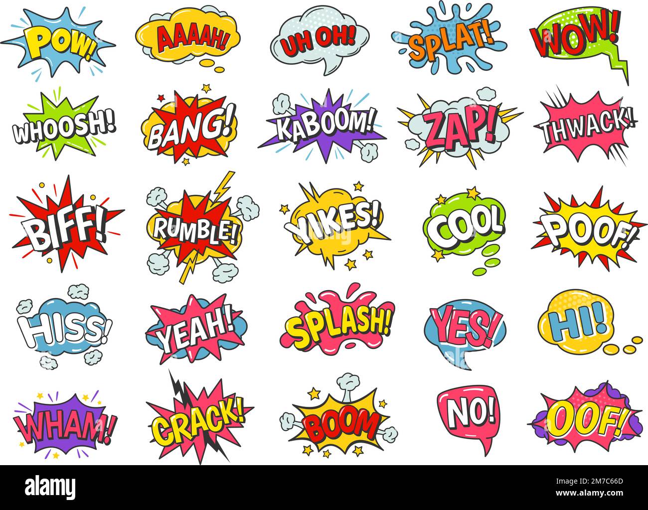 Fumetti bolle. Fumetti palloncini con esplosione boom bang, spruzzi e poof, rumble e wham effetti. Set di vettori di testo divertenti Illustrazione Vettoriale