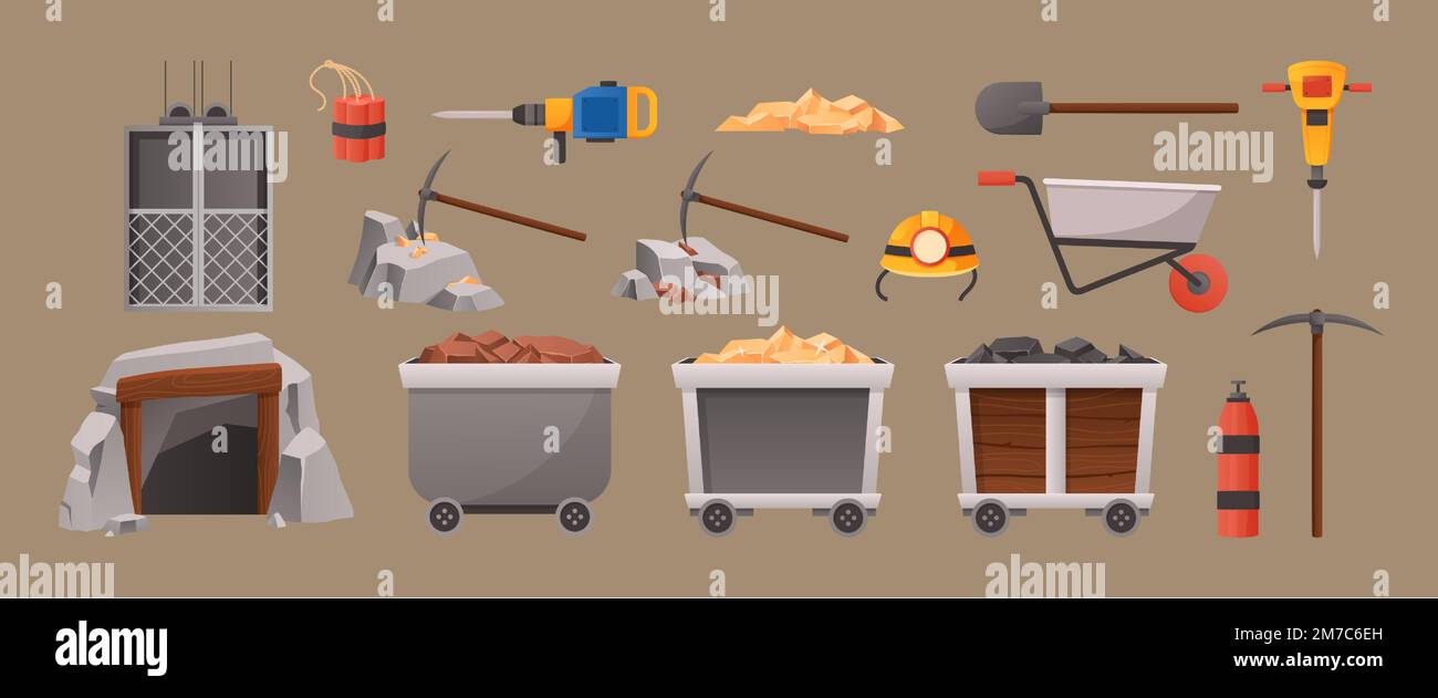 Elementi di estrazione cartoni animati. Ingresso alla grotta delle miniere, ascensore e utensili per l'estrazione mineraria. Carri con set di illustrazioni vettoriali in oro e carbone Illustrazione Vettoriale