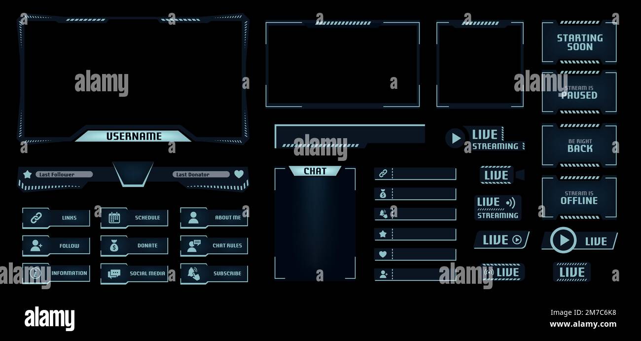 Sovrapposizione flusso in modalità notturna. Modello video di gioco a tema scuro con schermo di gioco, chat dal vivo e cornici per webcam. Pannelli pulsanti e set di vettori barra di donazione Illustrazione Vettoriale