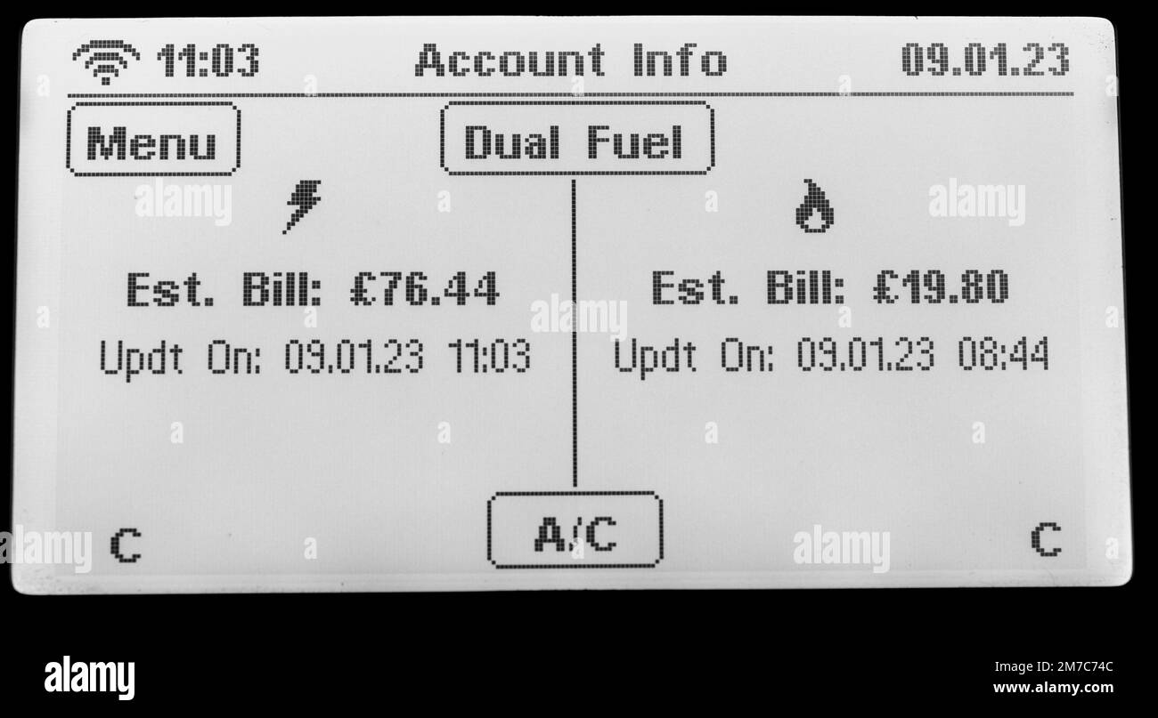 Home Smart Meter che mostra la fatturazione a doppia stima del carburante per la fornitura domestica di gas ed elettricità Foto Stock