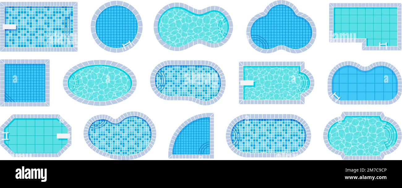 Vista dall'alto della piscina. Piscine di forme diverse con piastrelle e caustica acqua texture vettoriale set di illustrazione Illustrazione Vettoriale