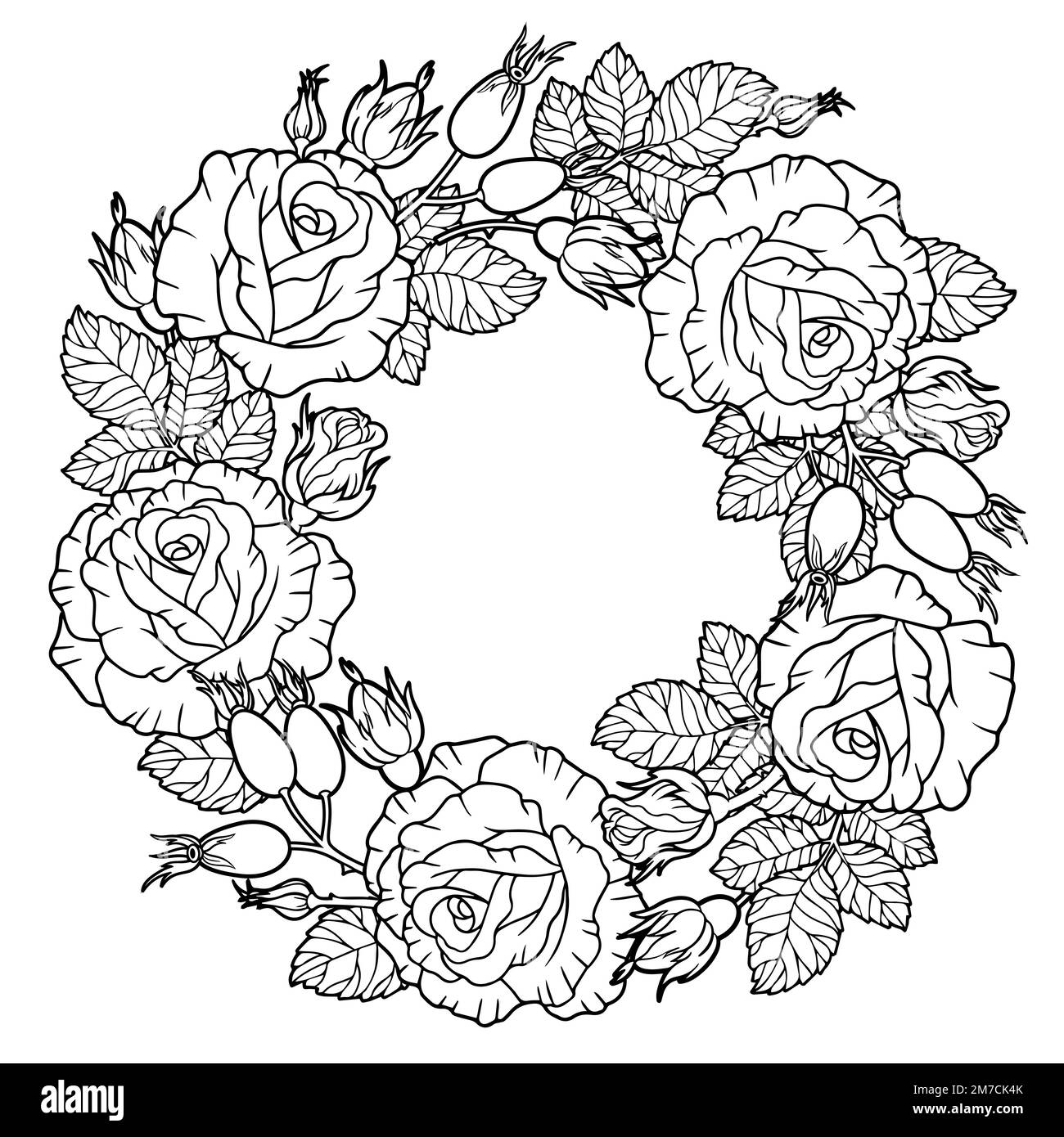 Corona di fiori di rosa, bacche, rami intrecciati e foglie. Libro da colorare vettoriale per adulti, elementi per il design retrofit dei cosmetici, Illustrazione Vettoriale