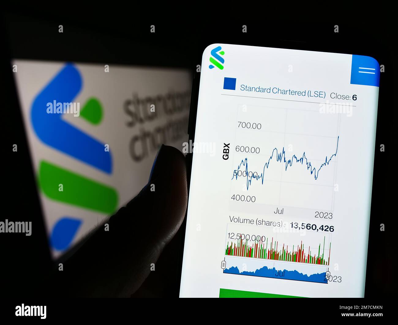 Persona che tiene il cellulare con il Web page della società finanziaria Standard Chartered plc sullo schermo di fronte al logo. Messa a fuoco al centro del display del telefono. Foto Stock