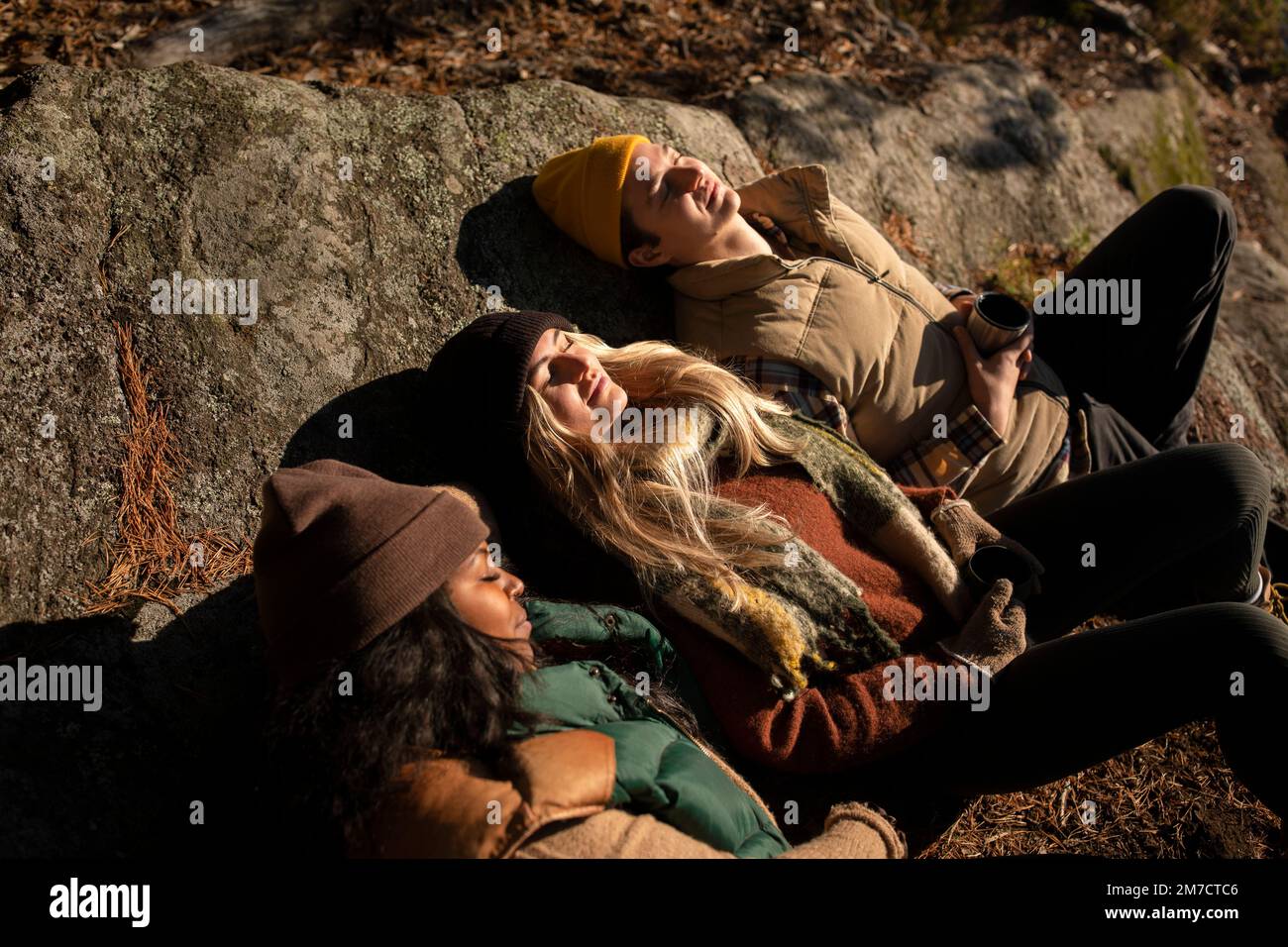 Vista ad alto angolo degli amici maschili e femminili che si rilassano sulla roccia durante le giornate di sole Foto Stock