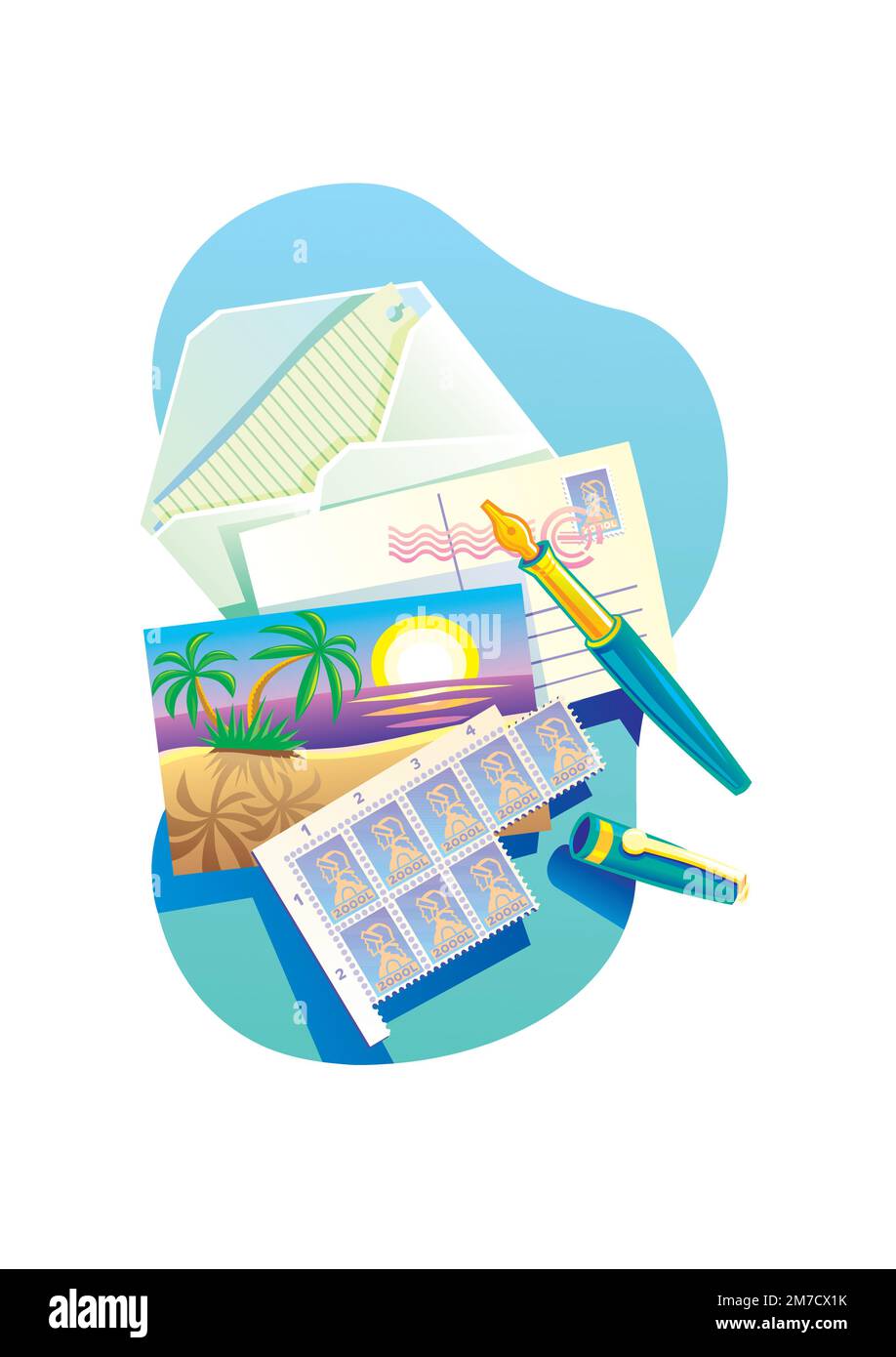 Busta postale con una cartolina proveniente da paesi caldi. Illustrazione vettoriale in stile piatto. Illustrazione Vettoriale