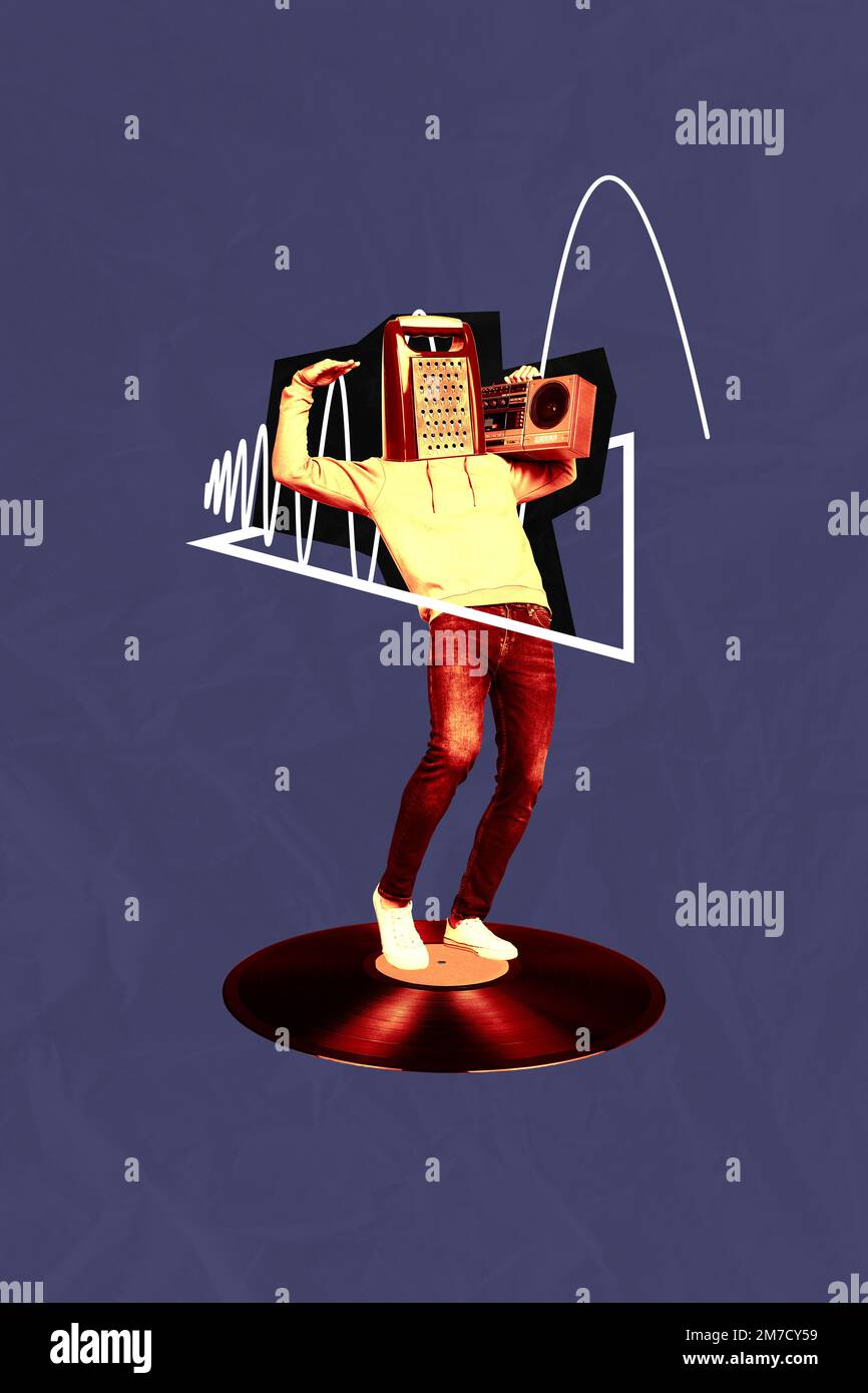 Foto creativa 3D collage artwork poster cartolina di persona strana senza  testa trasportare radio ascoltare bella musica isolata su sfondo pittura  Foto stock - Alamy