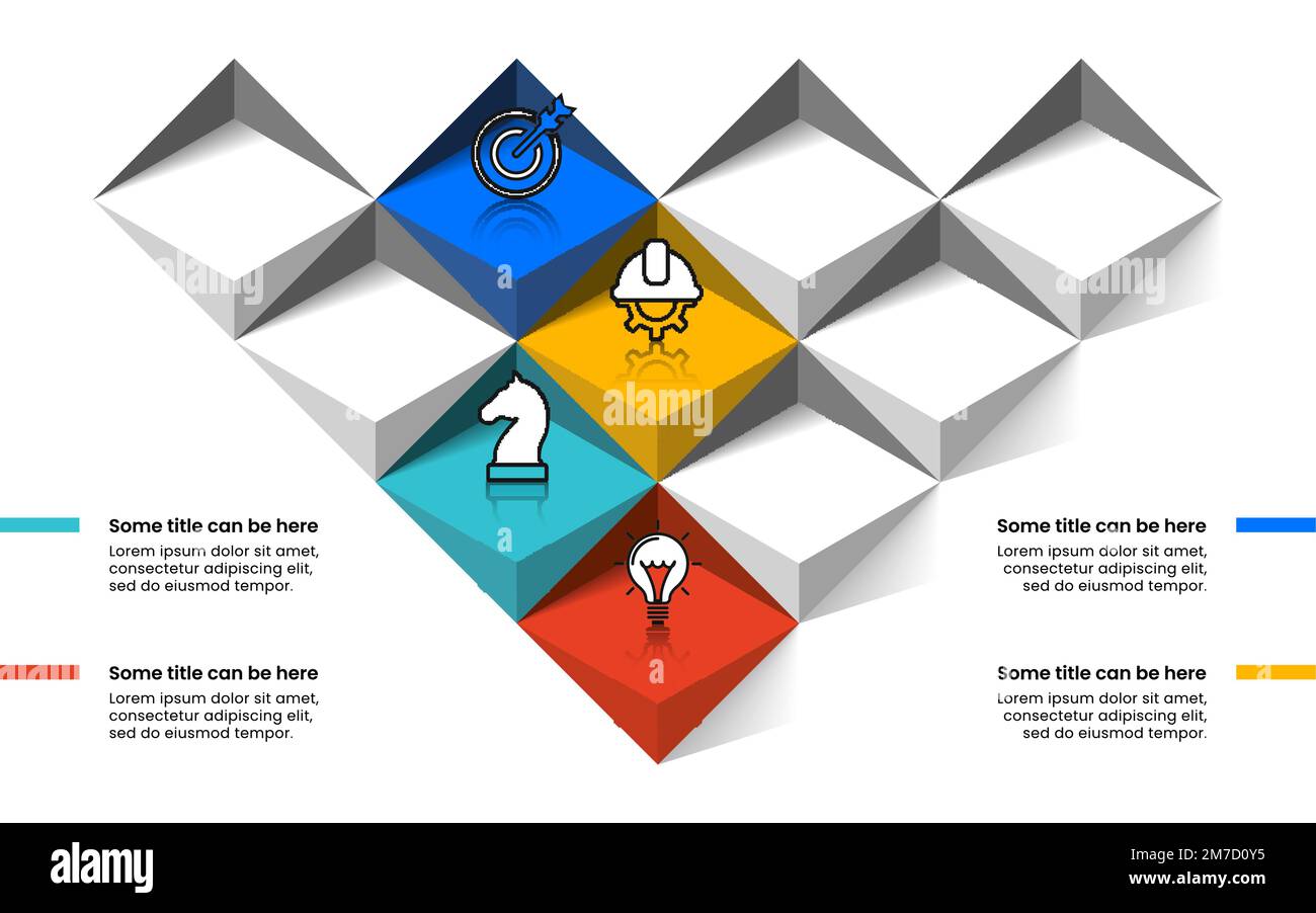 Modello infografico con icone e 4 opzioni o passaggi. Scale astratte. Può essere utilizzato per il layout del flusso di lavoro, il diagramma, il banner, il webdesign. Illustrazione vettoriale Illustrazione Vettoriale