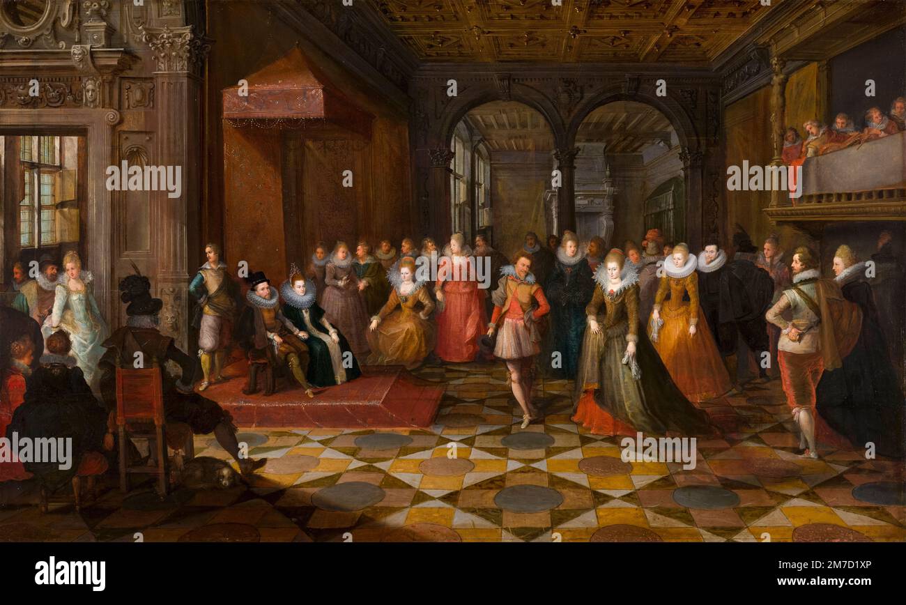 Sala da ballo scena ad un tribunale di Bruxelles, pittura in olio su pannello di Frans Francken il giovane e Paul Vredeman de Vries, circa 1610 Foto Stock
