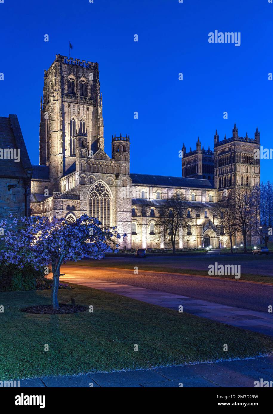 La Cattedrale di Durham si è illuminata al crepuscolo da Palace Green, Durham City, County Durham, Inghilterra, Regno Unito Foto Stock