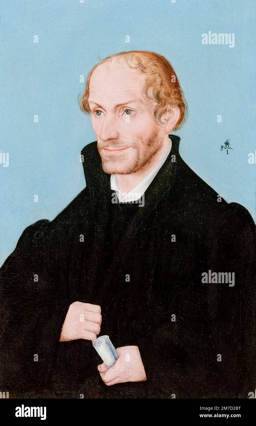Philip Melanchthon (1497-1560) è stato un riformatore luterano tedesco e collaboratore di Martin Luther, dipinto a olio su tavola di Lucas Cranach il Vecchio, 1540-1560 Foto Stock