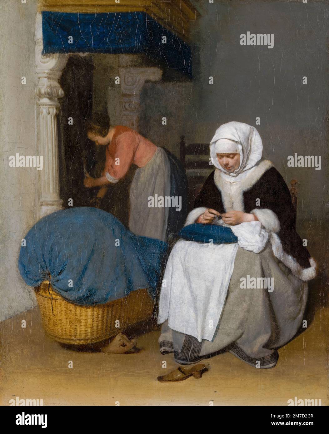 Donna cucire accanto a una culla, dipingere in olio su tela di Gerard ter Borch, 1656 Foto Stock