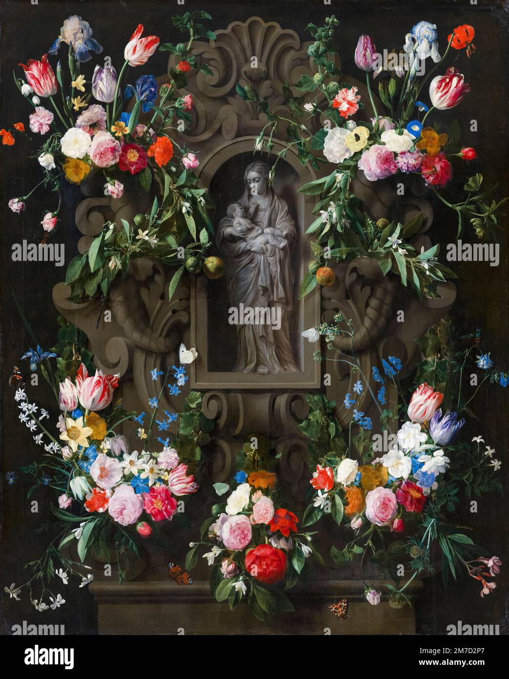 Garland di fiori che circonda una scultura della Vergine Maria, dipinto in olio su tela di Thomas Willeboirts Bosschaert e Daniel Seghers, 1645 Foto Stock