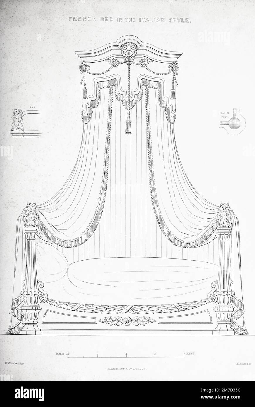 Bedstead Francese in stile Italiano. La tettoia è destinata ad avere angoli ellittici, e la testa e la pedana una barra di ottone attaccata al retro del gufo, per sostenere le tende, e per tenerle più in alto di quanto la tavola potrebbe fare se fatta di un'altezza adeguata. Dal tesoro pratico del disegno del produttore di armadi e tappezzeria : assistente di arredamento e decorazione : in greco, italiano, rinascimentale, Louis-Quatorze, gotico, Stili Tudor, ed Elisabettiano : intervallati da disegni eseguiti per i palazzi reali, e per alcune delle principali dimore della nobiltà e gentr Foto Stock